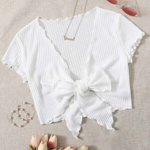 Shein Recycled Polyester Lettuce Trim Knot Front Crop Top